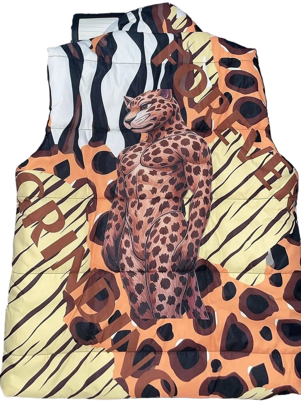 Leopard-patterned sleeveless shirt with zebra and giraffe print patterns on a white background
