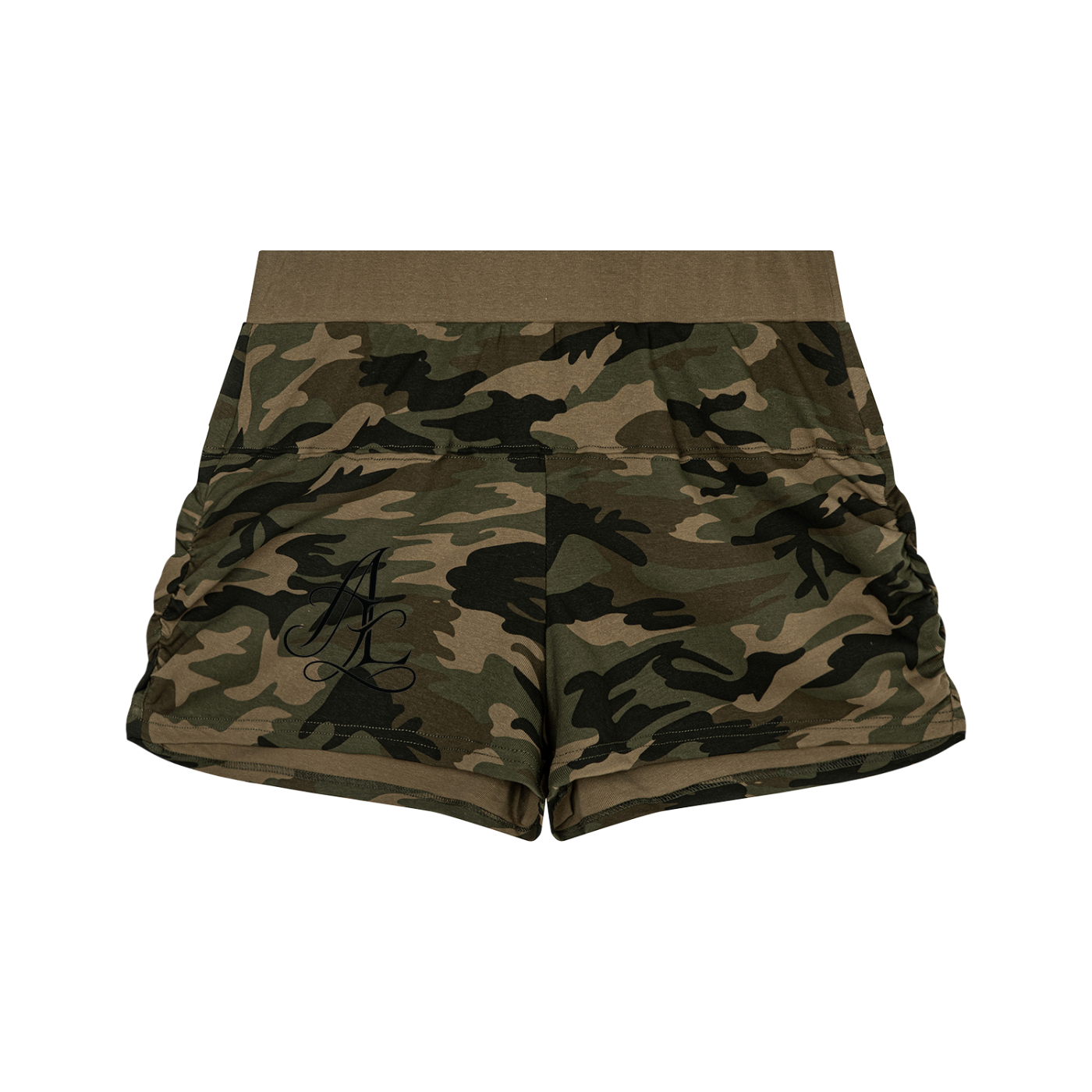 Camouflage print athletic shorts with a solid olive green waistband, featuring a small black 'SIVELUR' logo on the left leg, shown against a plain white background.