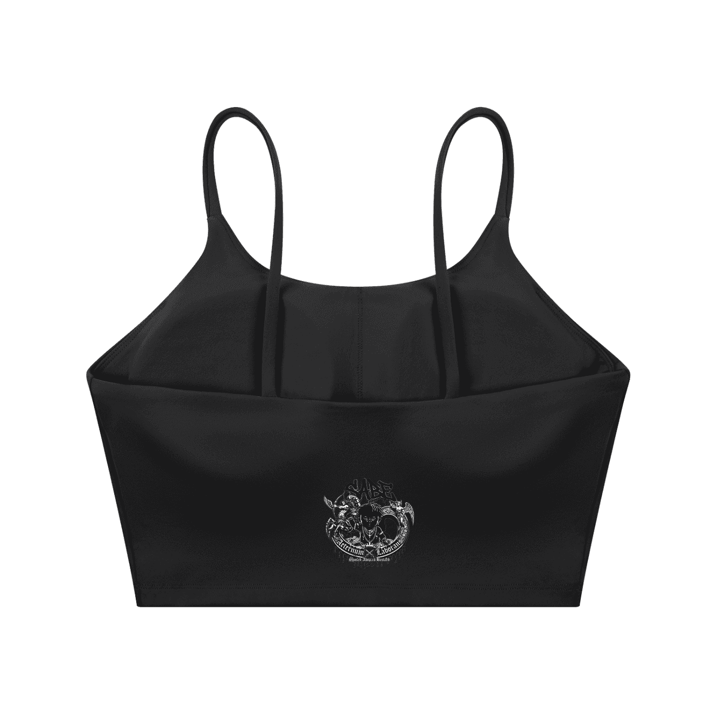 Black crop top with thin straps and a logo on a white background