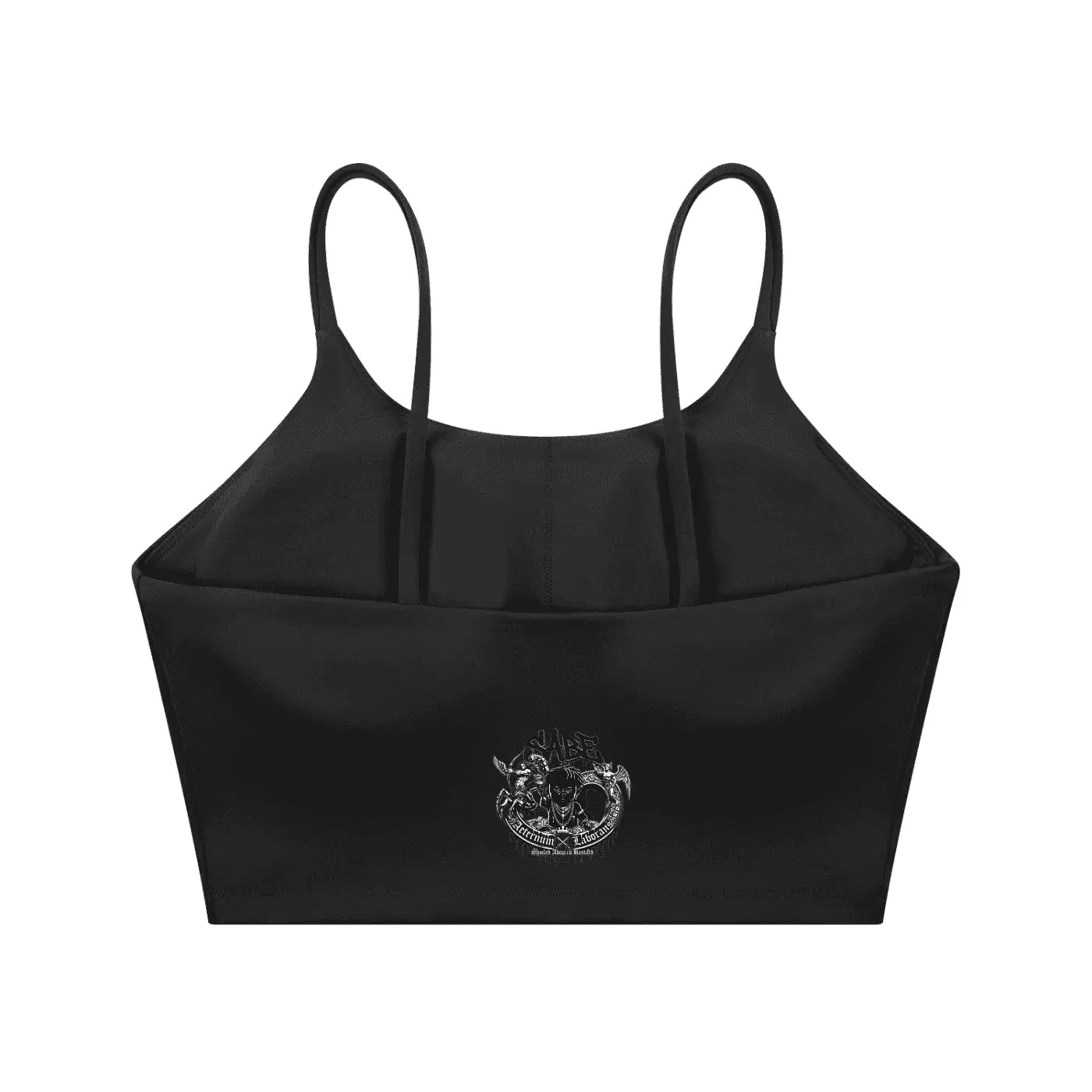 Black crop top with thin straps and a logo on a white background