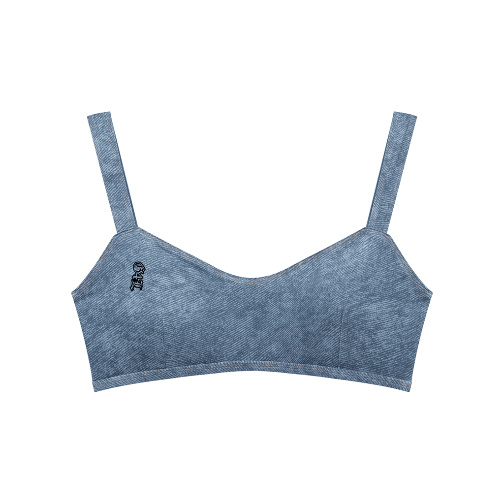 Blue bralette with thin straps on a white background