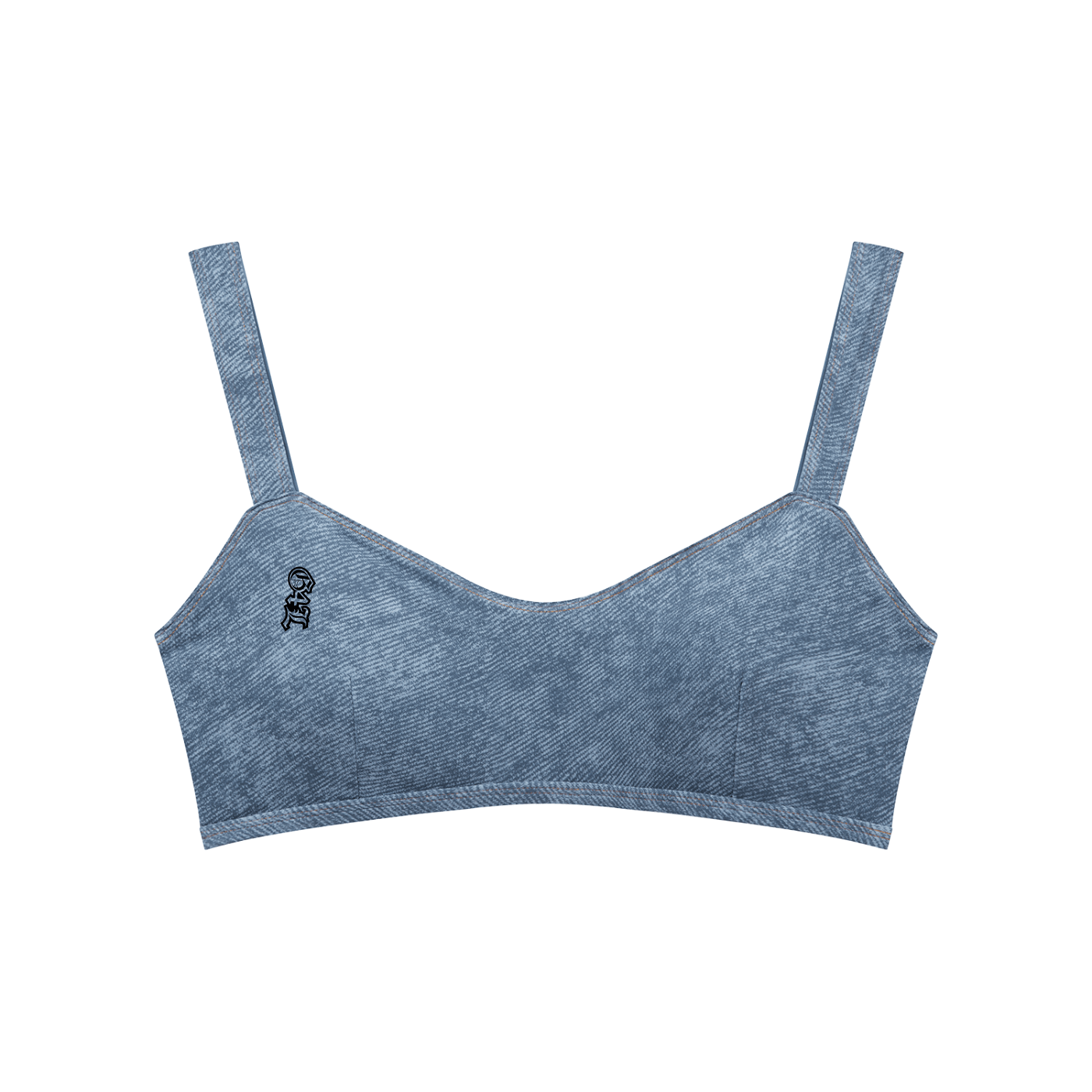 Blue bralette with thin straps on a white background