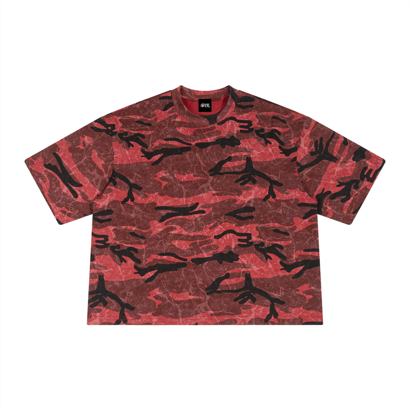 Red and black camouflage t-shirt on a white background