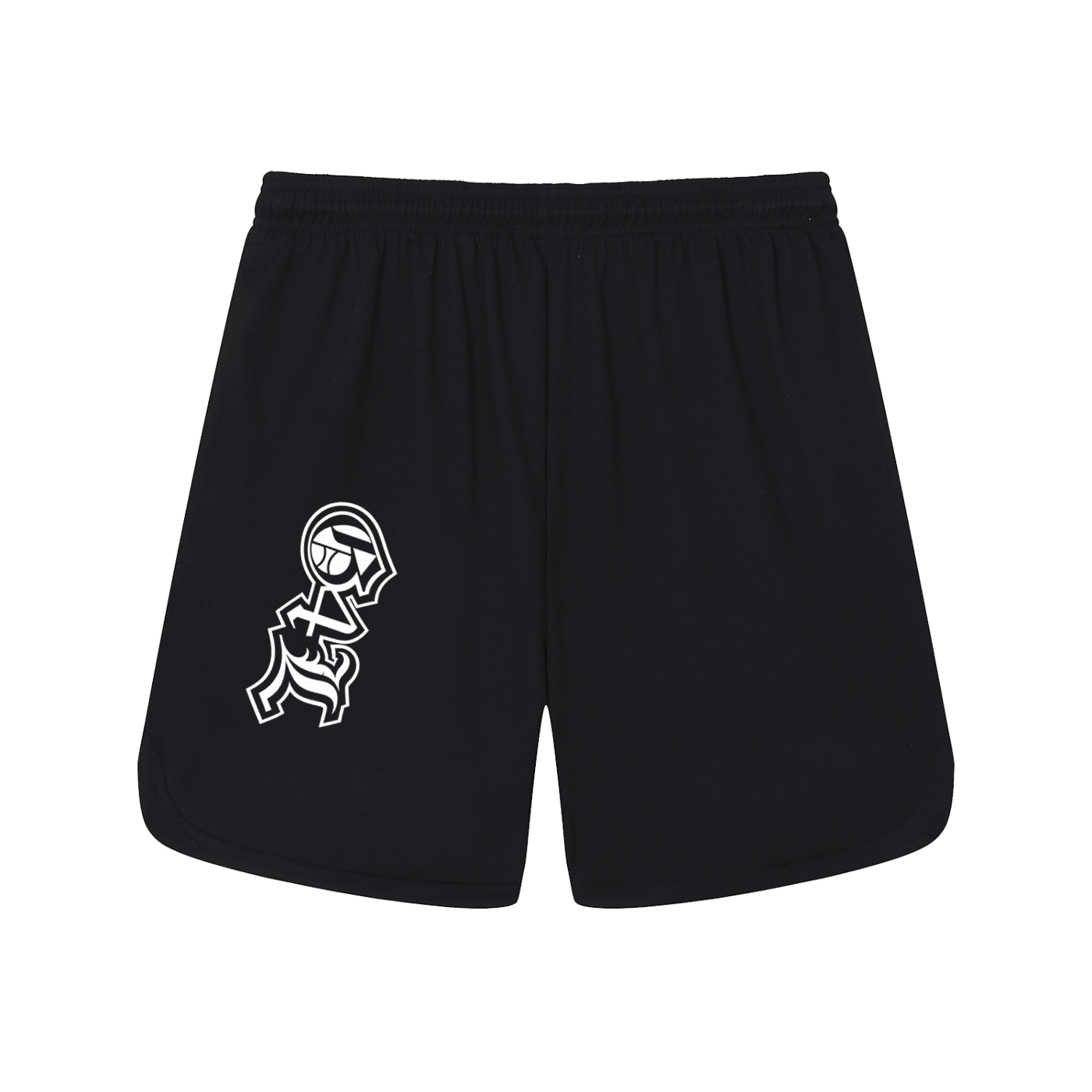 Black shorts with a white graphic design on a white background