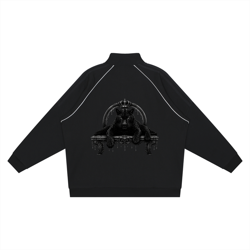 Black jacket with a graphic design on the back against a white background
