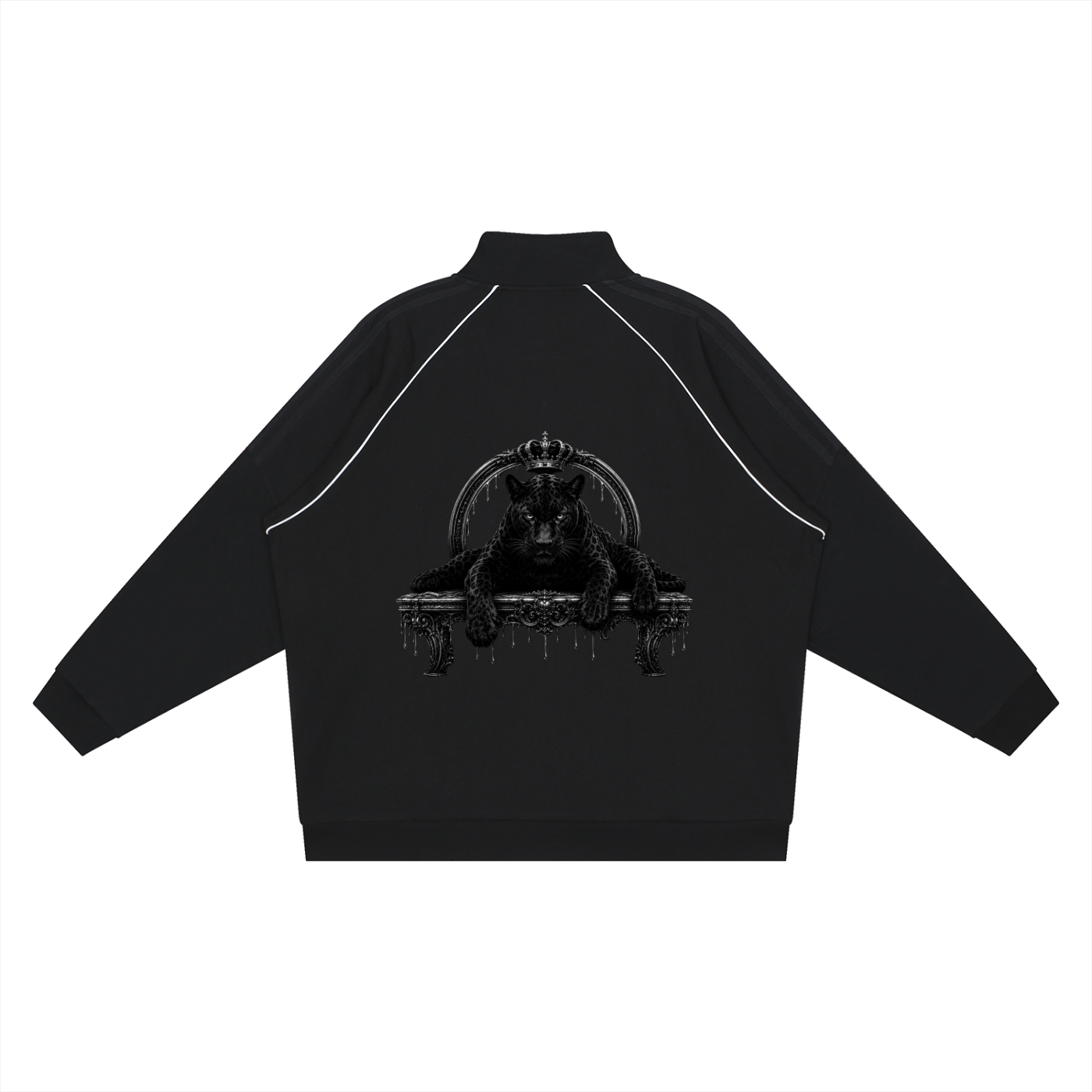 Black jacket with a graphic design on the back against a white background