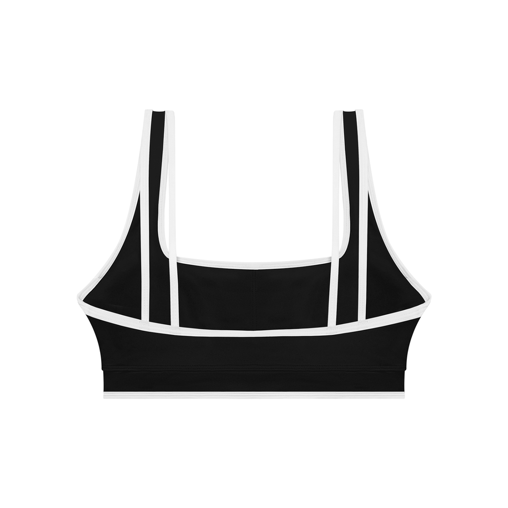 Black sports bra with thin straps on a white background