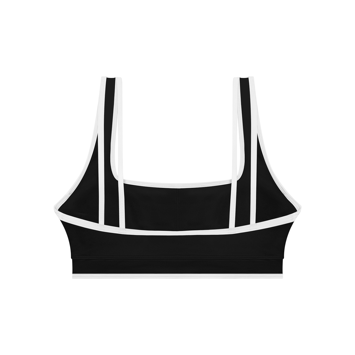 Black sports bra with thin straps on a white background