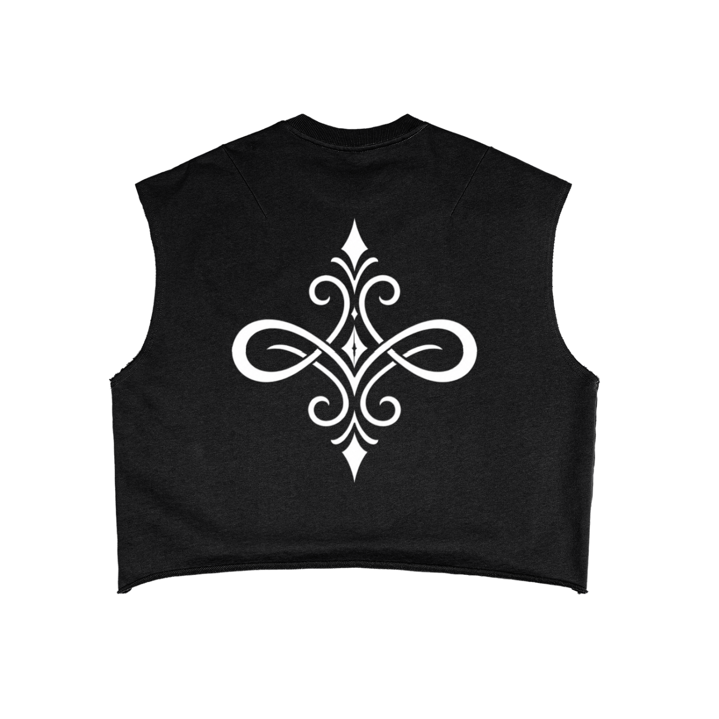 Black sleeveless top with a logo and text on a white background
