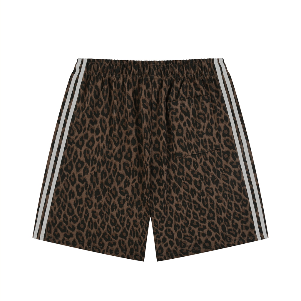 Leopard print shorts with white stripes on a white background