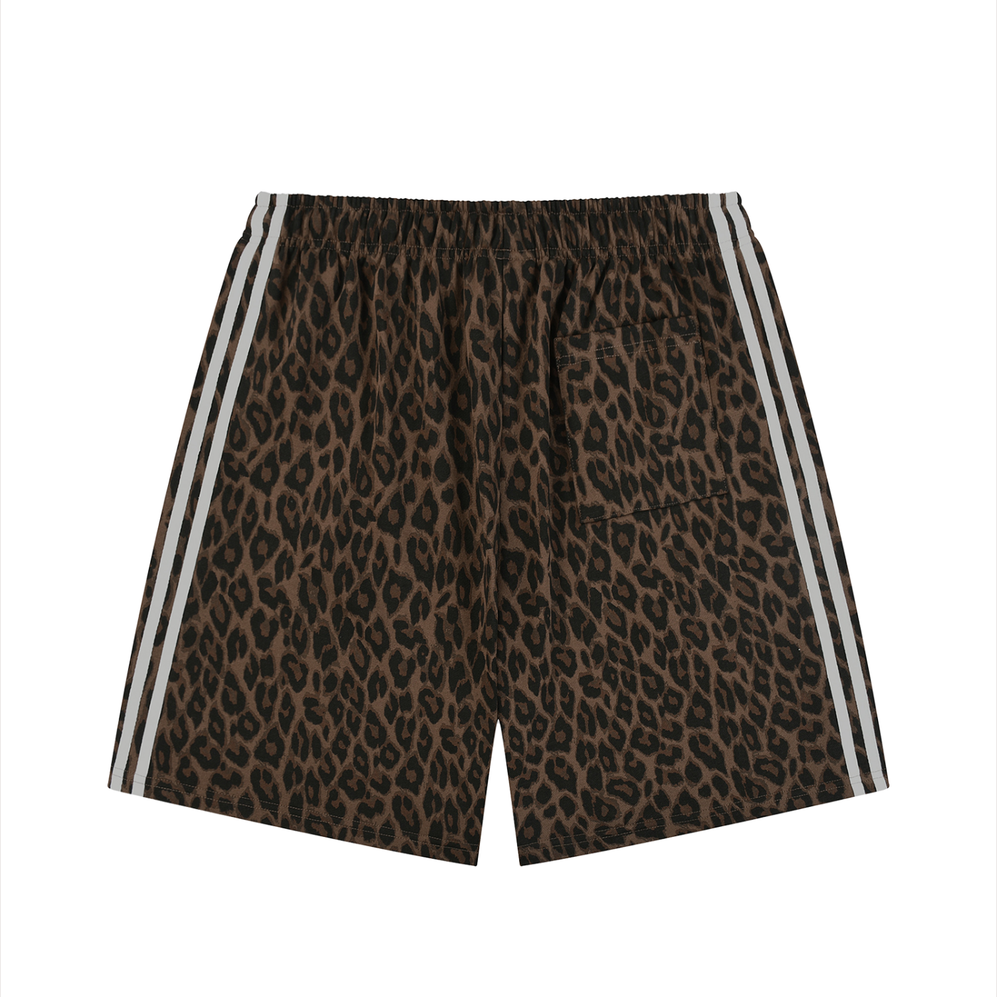 Leopard print shorts with white stripes on a white background