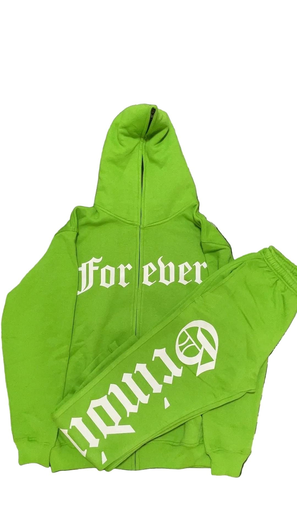 Green hoodie and pants set with 'For ever' and 'Brave' text on a white background