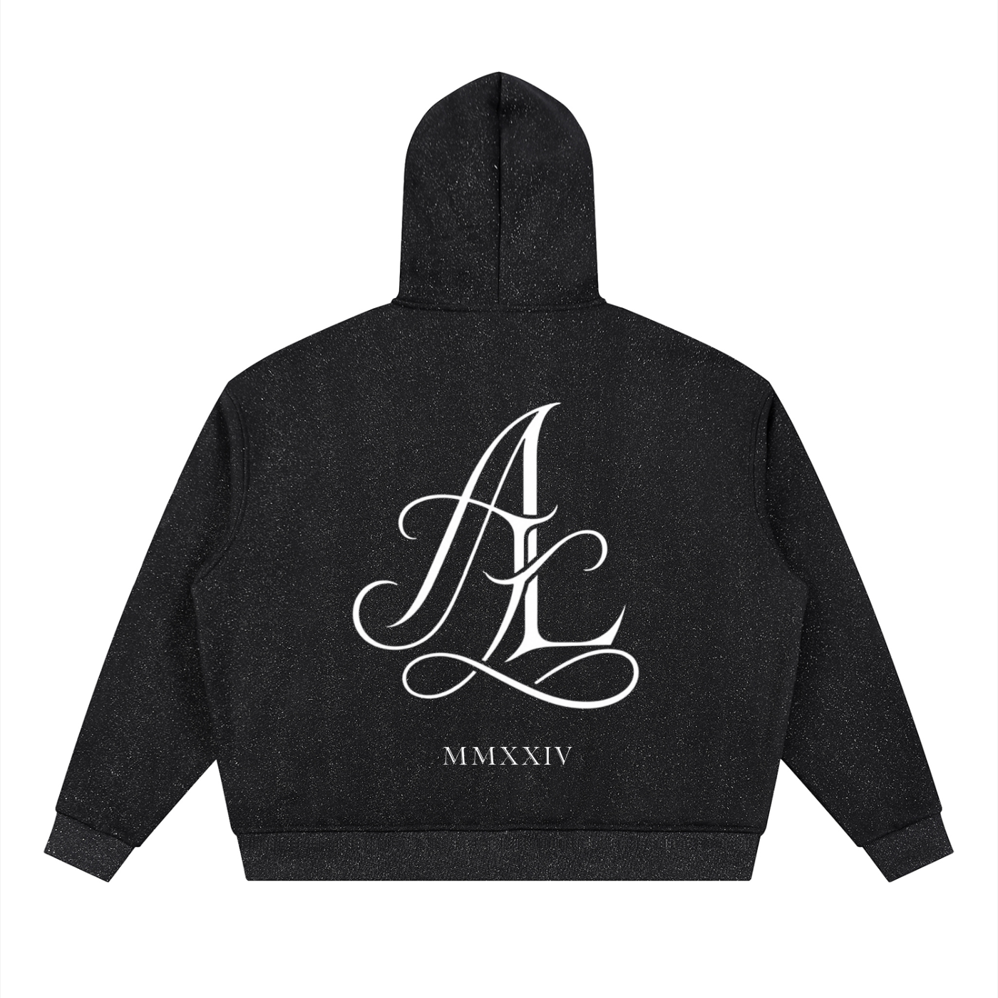 A black heathered zip-up hoodie shown from the back, featuring a large white cursive 'AK' monogram and the Roman numerals 'MMXXIV' printed on the center.