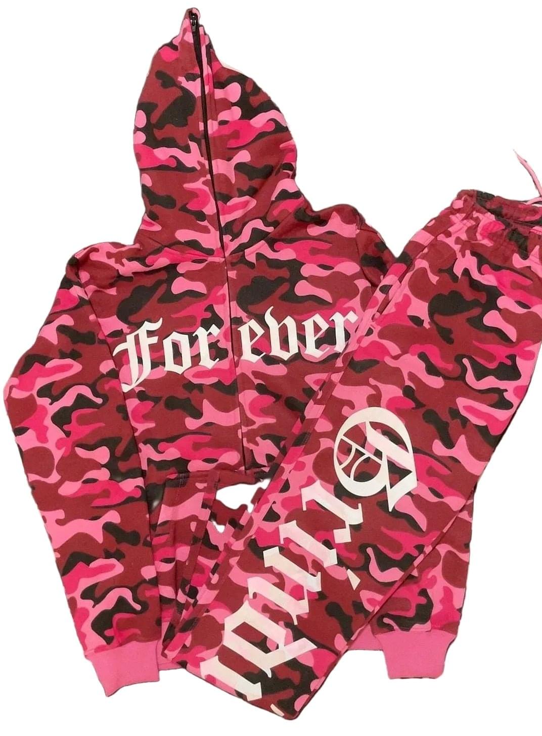 Pink camouflage hoodie and pants with 'Forever' text on a white background
