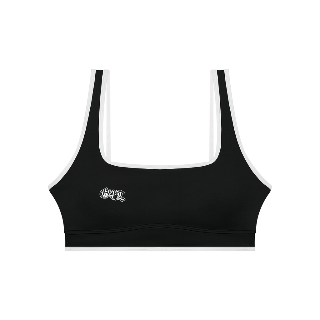 Black sports bra with a logo on a white background