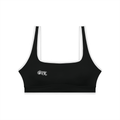 Black sports bra with a logo on a white background