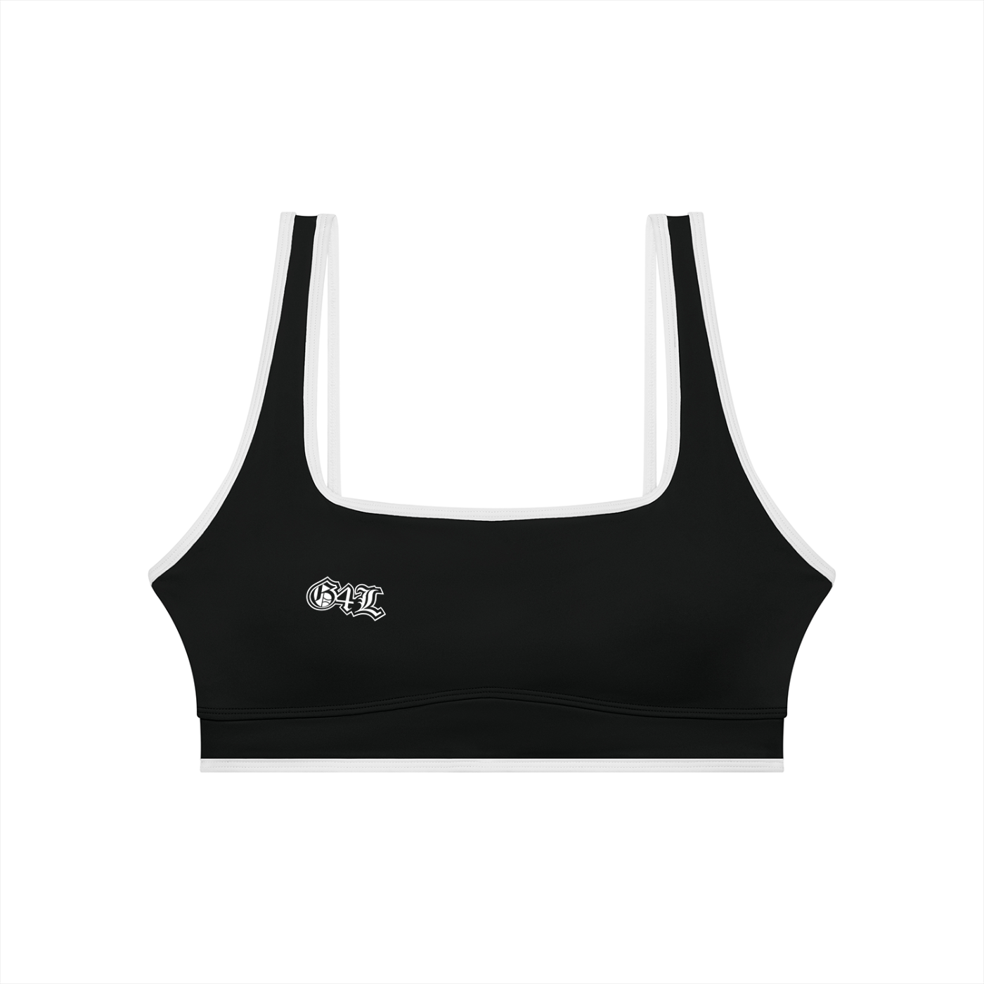 Black sports bra with a logo on a white background