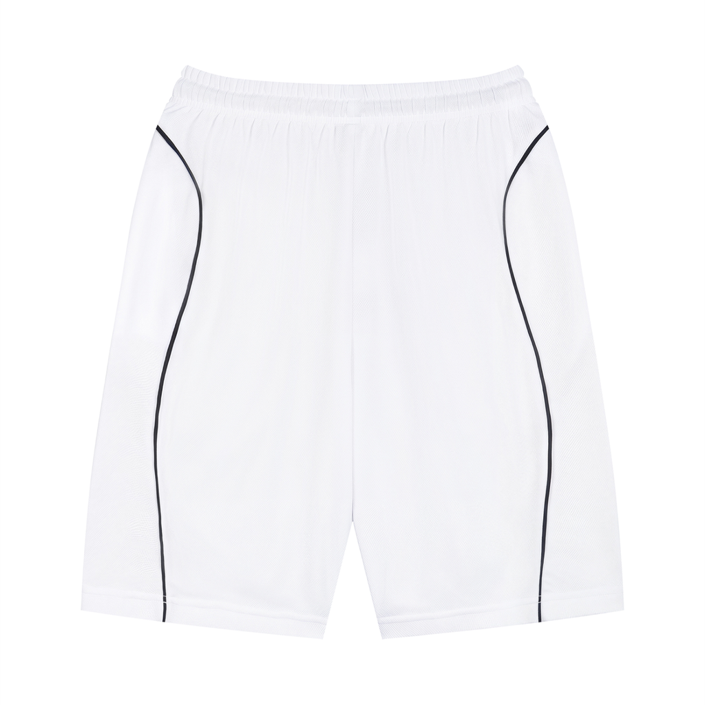 White athletic shorts with black accents on a white background