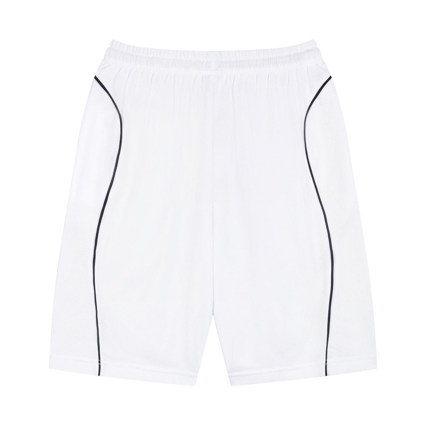 White athletic shorts with black accents on a white background