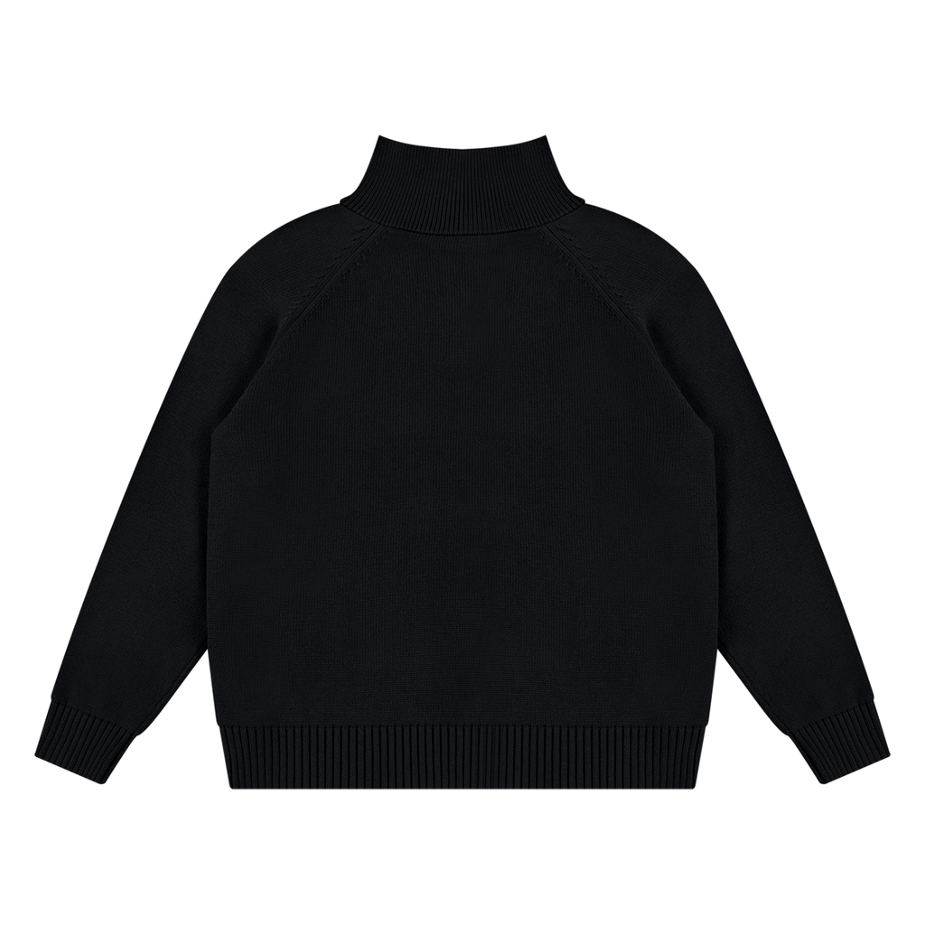 A black knit mock neck sweater with raglan sleeves, shown from the back on a solid white background.