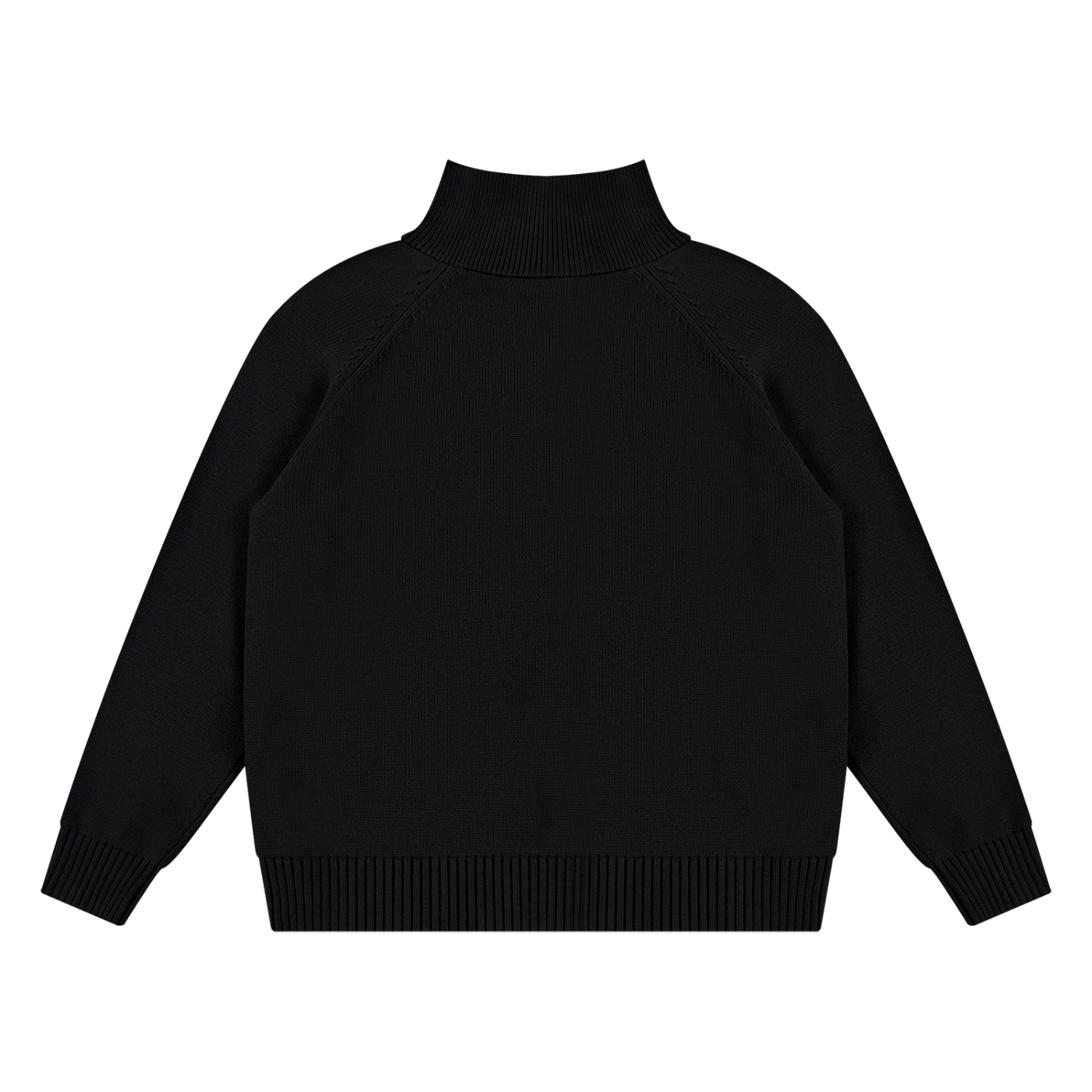 A black knit mock neck sweater with raglan sleeves, shown from the back on a solid white background.