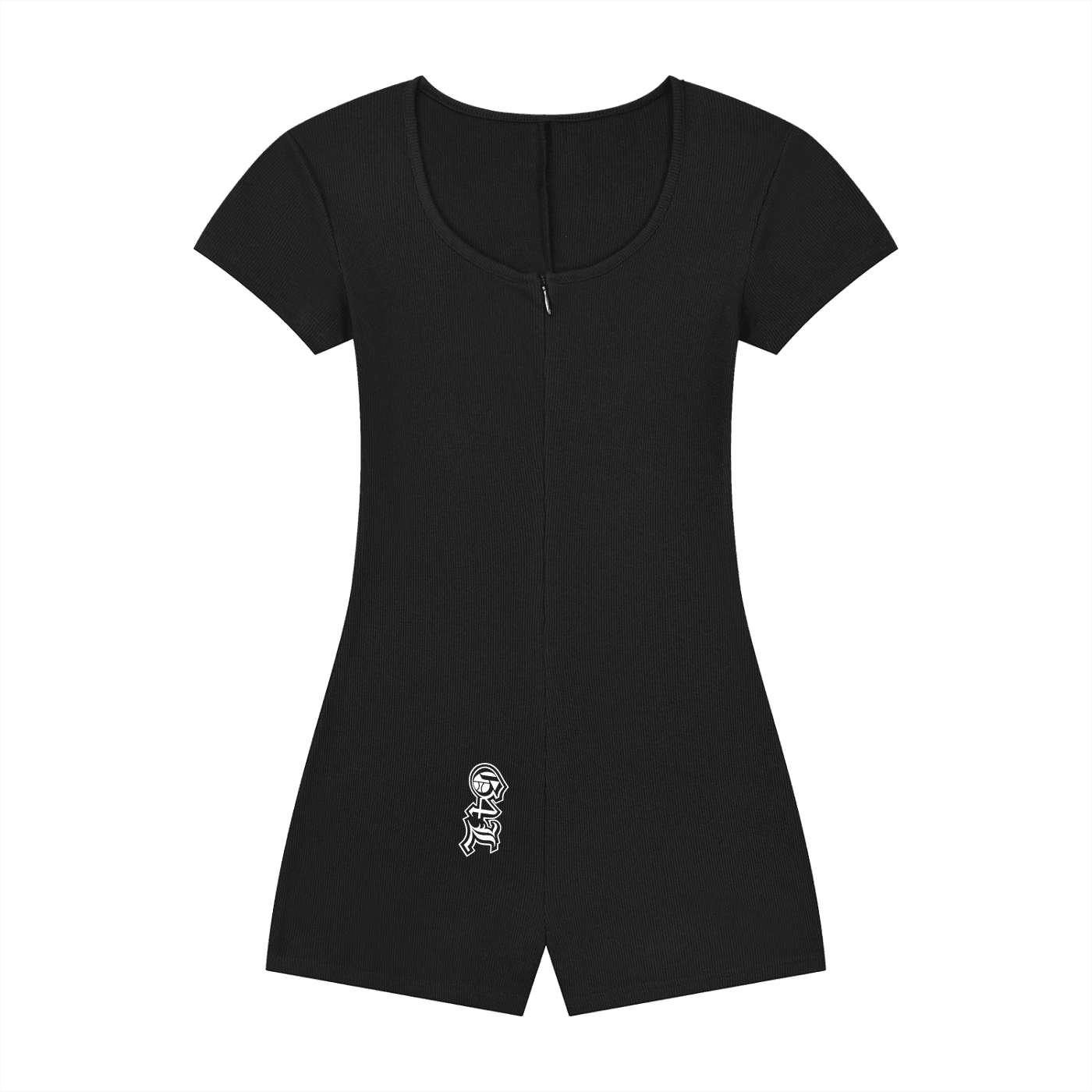 Black romper with a logo on a white background