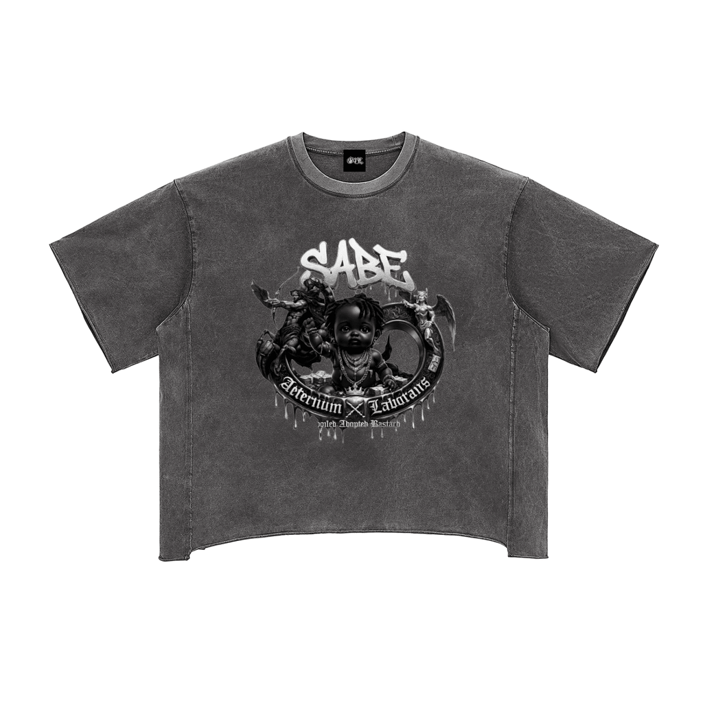 Gray t-shirt with graphic design and text on a white background