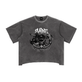 Gray t-shirt with graphic design and text on a white background