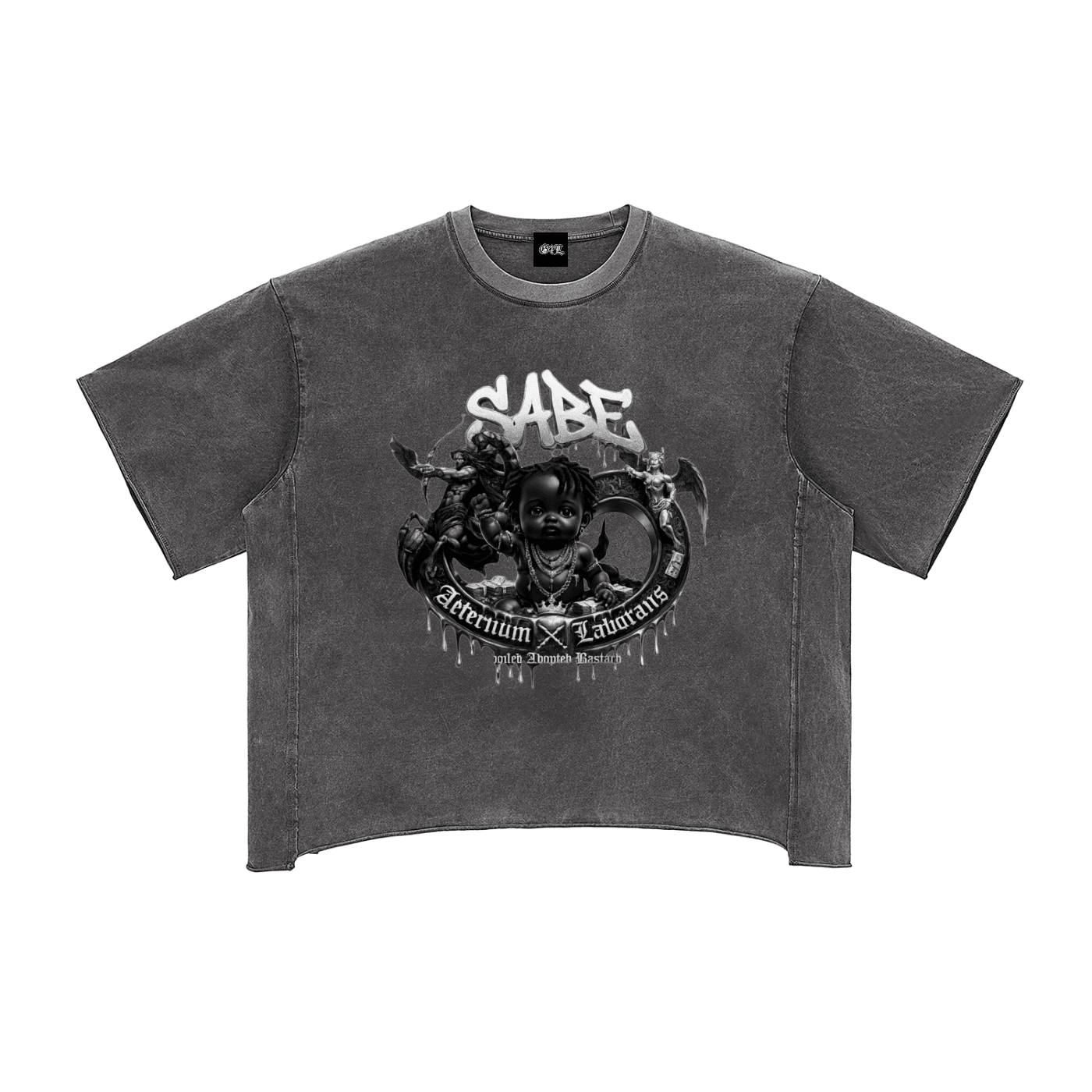 Gray t-shirt with graphic design and text on a white background