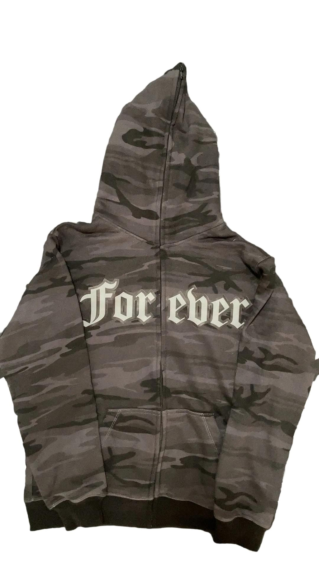 Camouflage hoodie with 'For ever' text on a patterned background