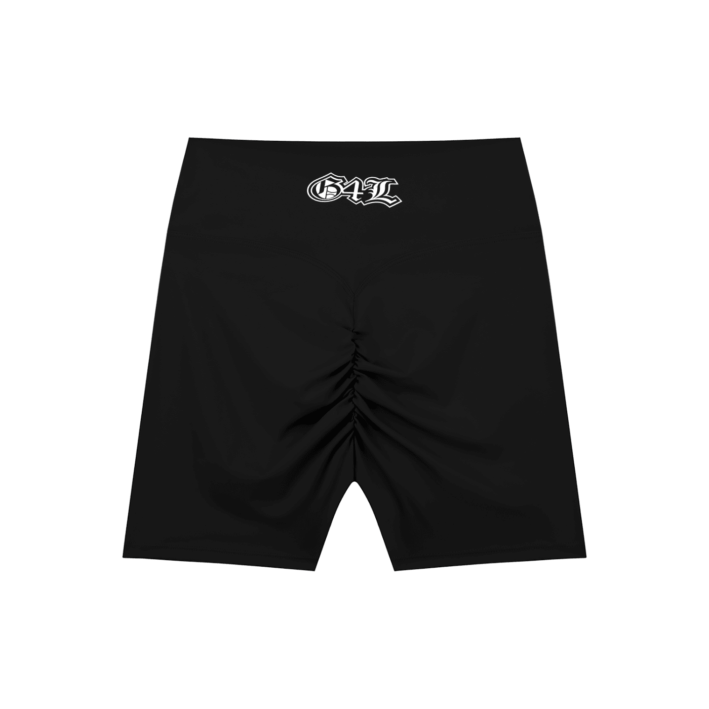 Black shorts with a logo on the waistband against a white background