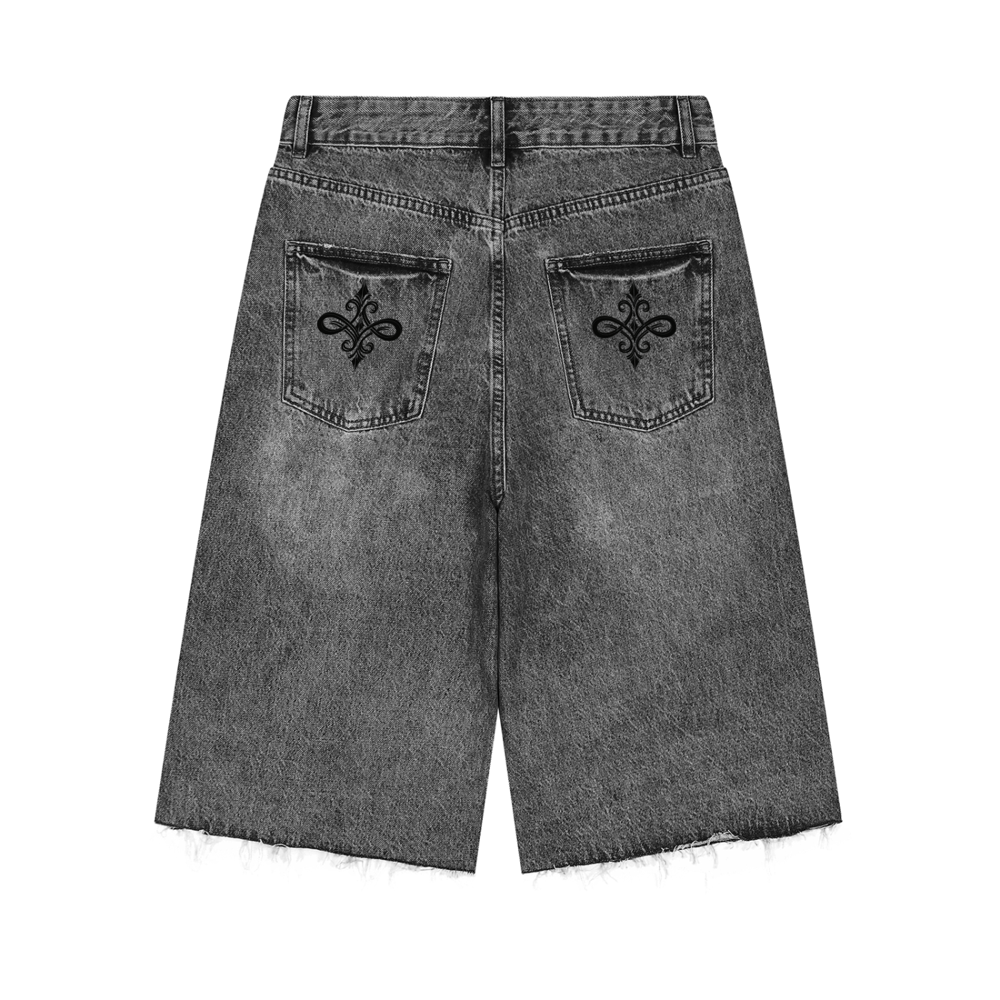 Back view of dark gray washed denim shorts with a raw frayed hem and two back pockets, shown on a plain white background.