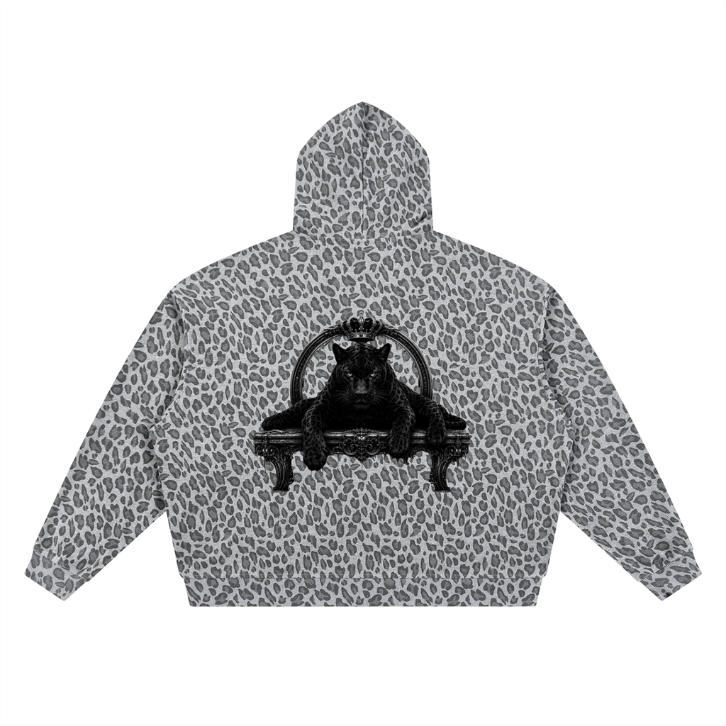 Leopard print hoodie with a black bear graphic on a white background