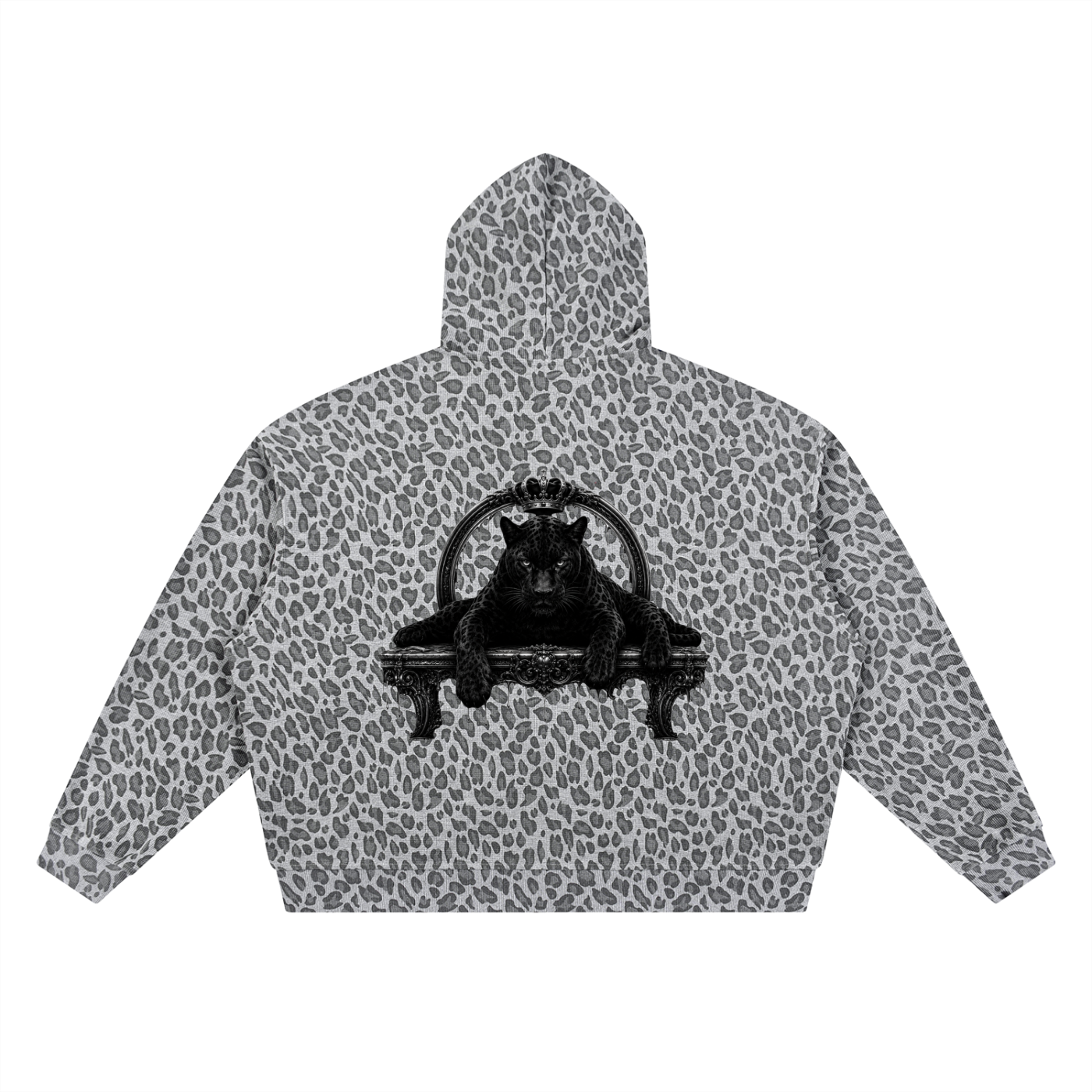 Leopard print hoodie with a black bear graphic on a white background