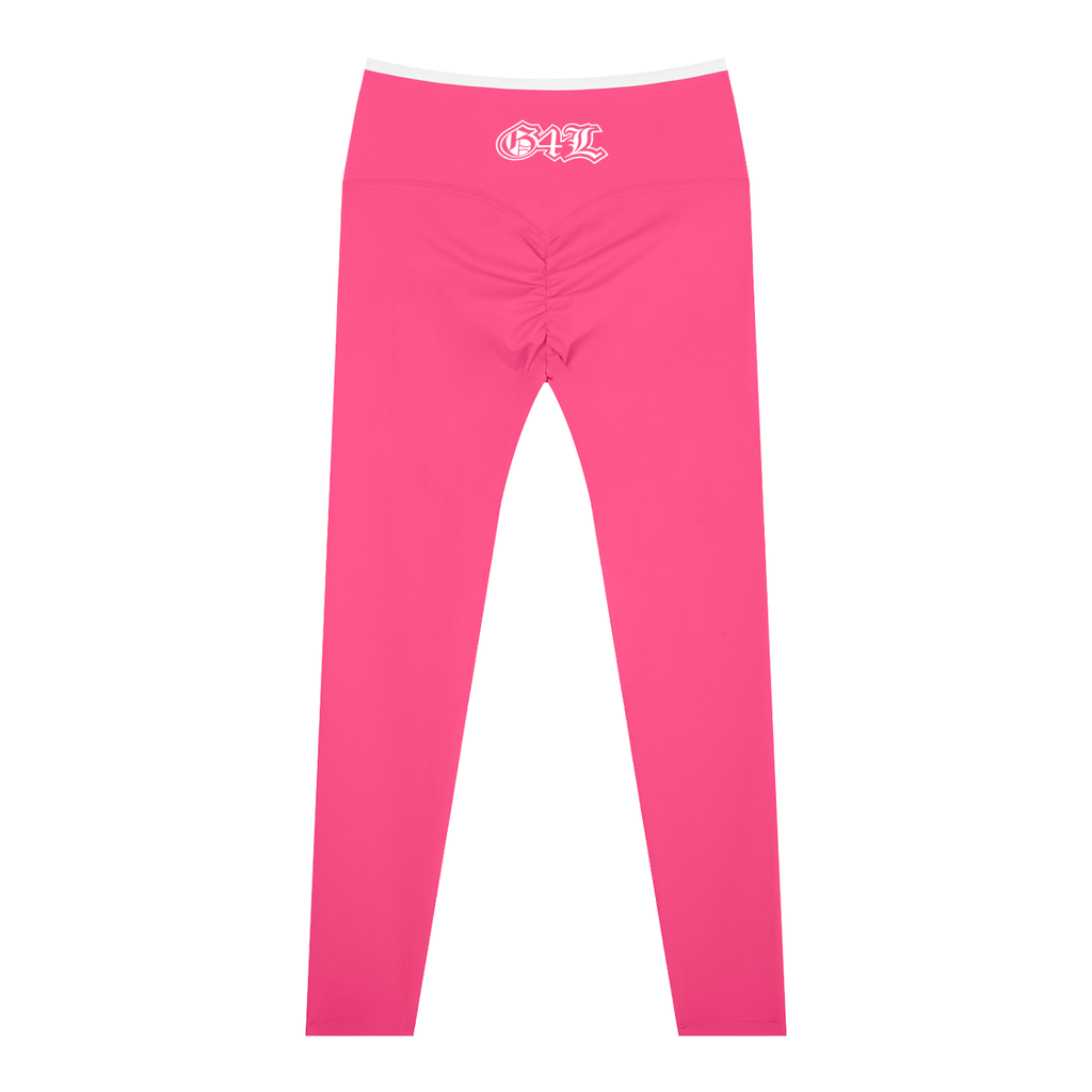 Pink leggings with 'Frazzled Elegance' branding on a white background