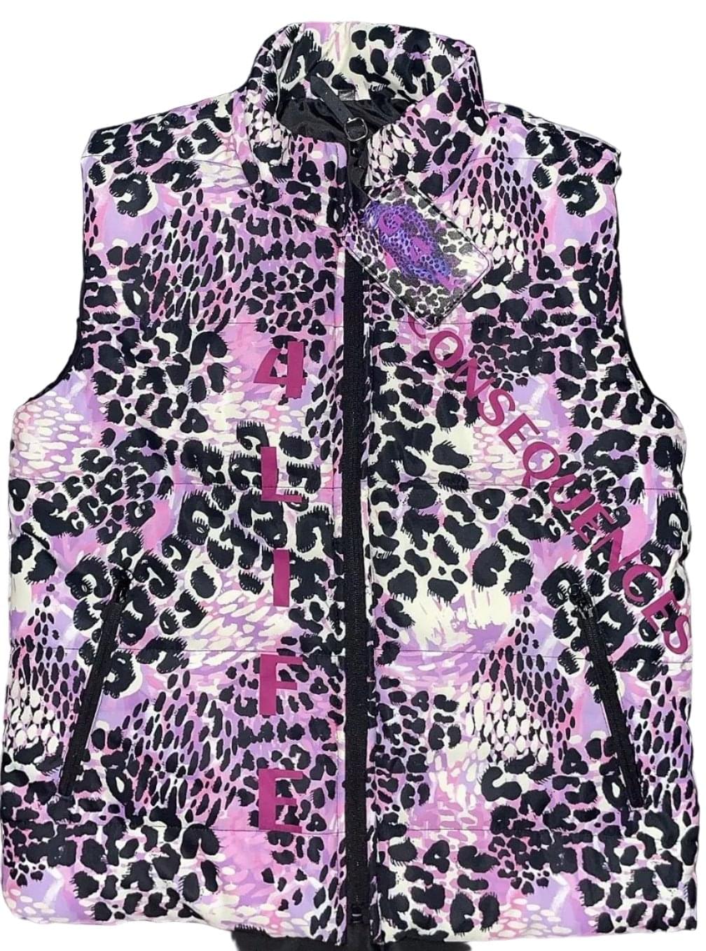 Leopard print vest with pink text on a white background