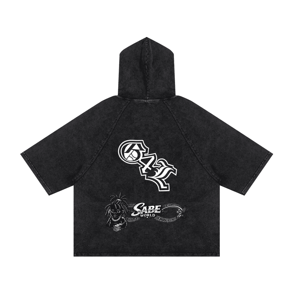 Black hoodie with white graphics and text on a white background