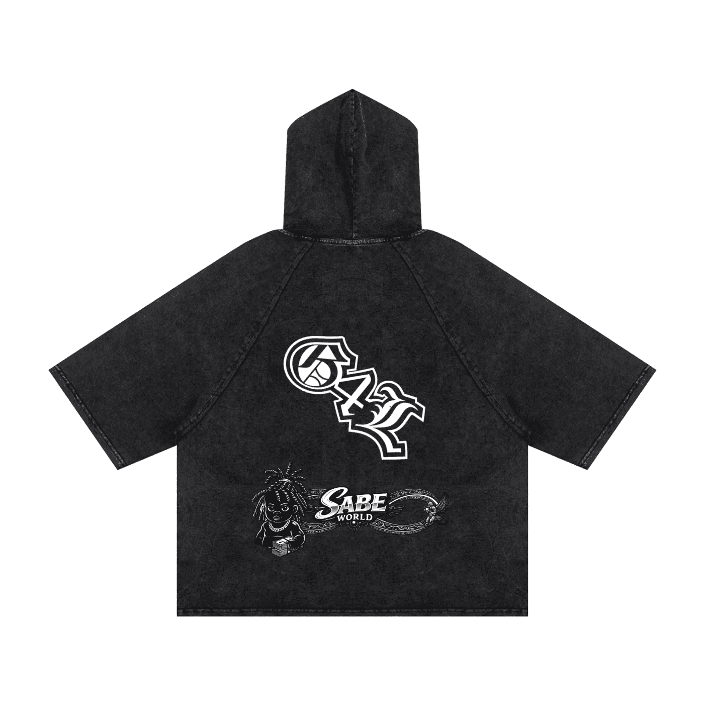 Black hoodie with white graphics and text on a white background