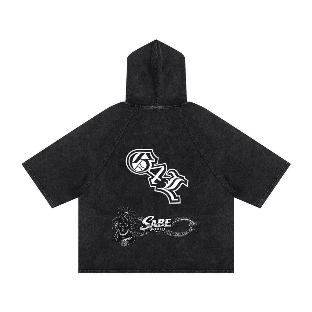 Black hoodie with white graphics and text on a white background