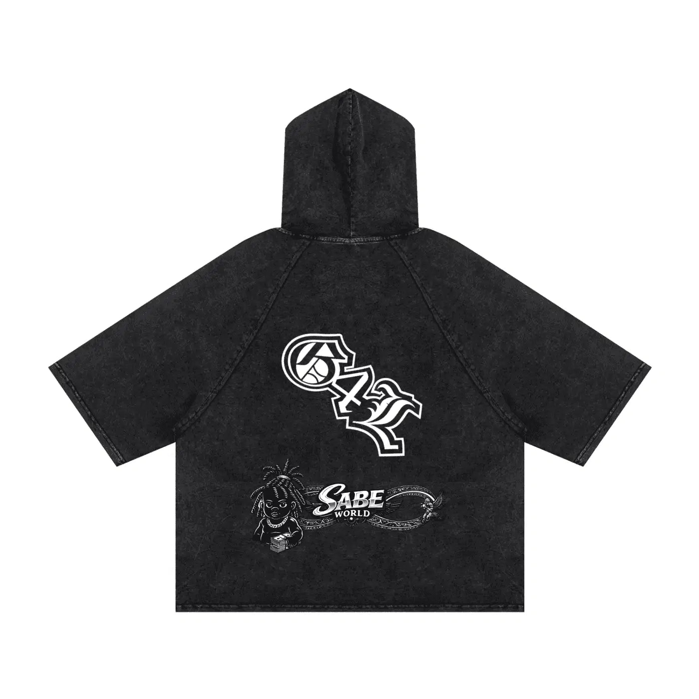 Black hoodie with white graphics and text on a white background