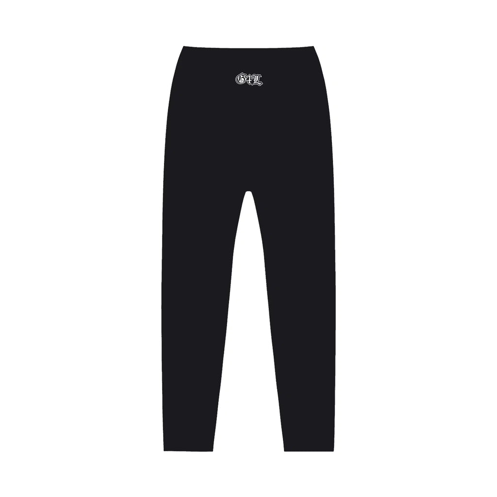 Black leggings with a logo on the waistband against a white background