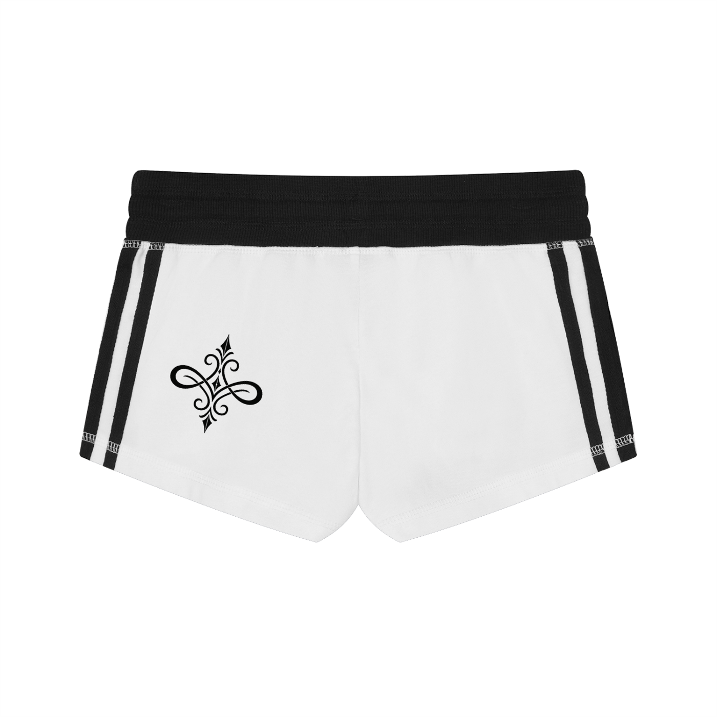 White shorts with black waistband and side stripes featuring a logo on a white background