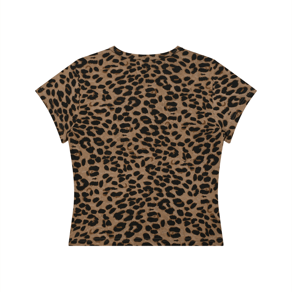 A short-sleeve crewneck top with an all-over leopard print pattern in brown and black, shown flat against a solid white background.