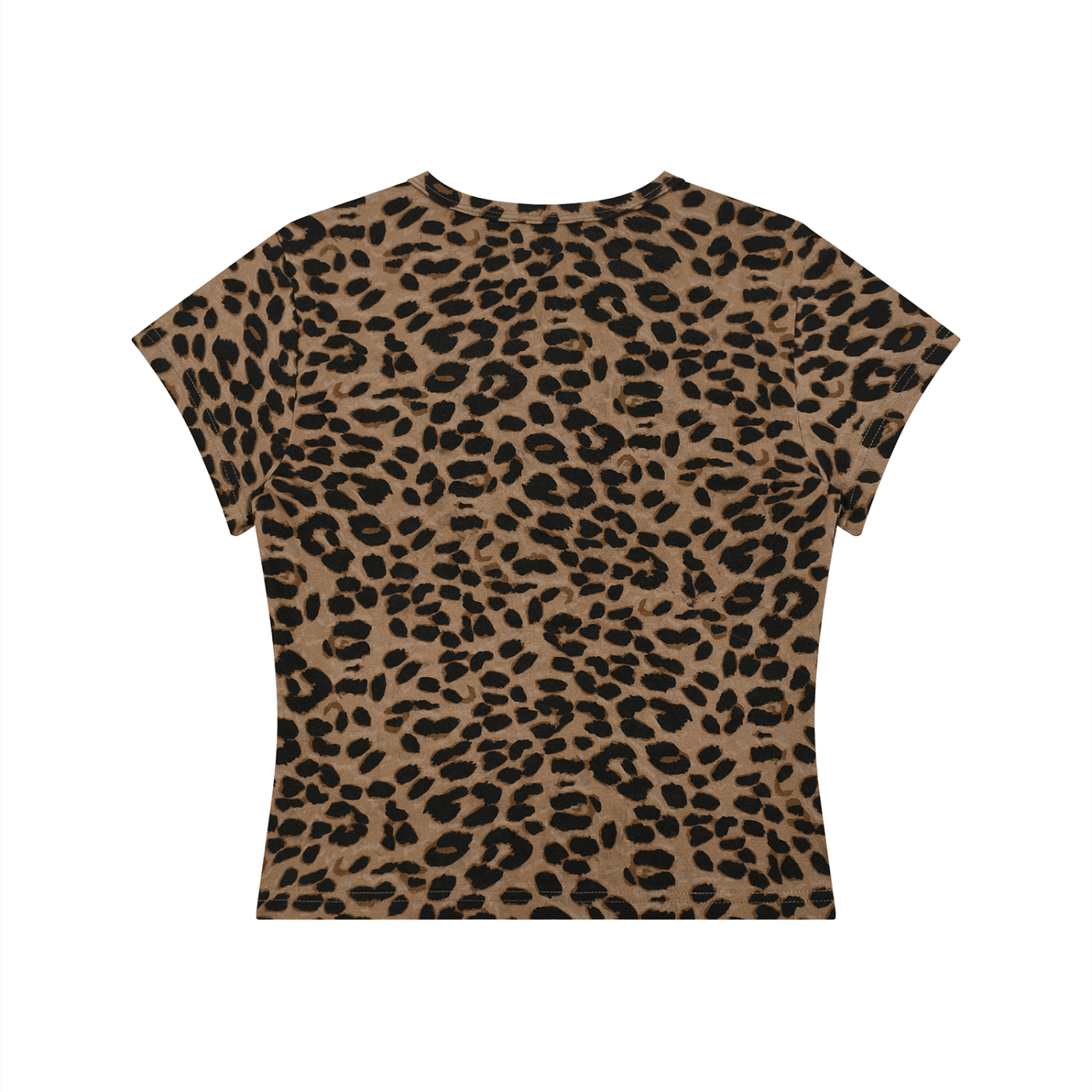 A short-sleeve crewneck top with an all-over leopard print pattern in brown and black, shown flat against a solid white background.