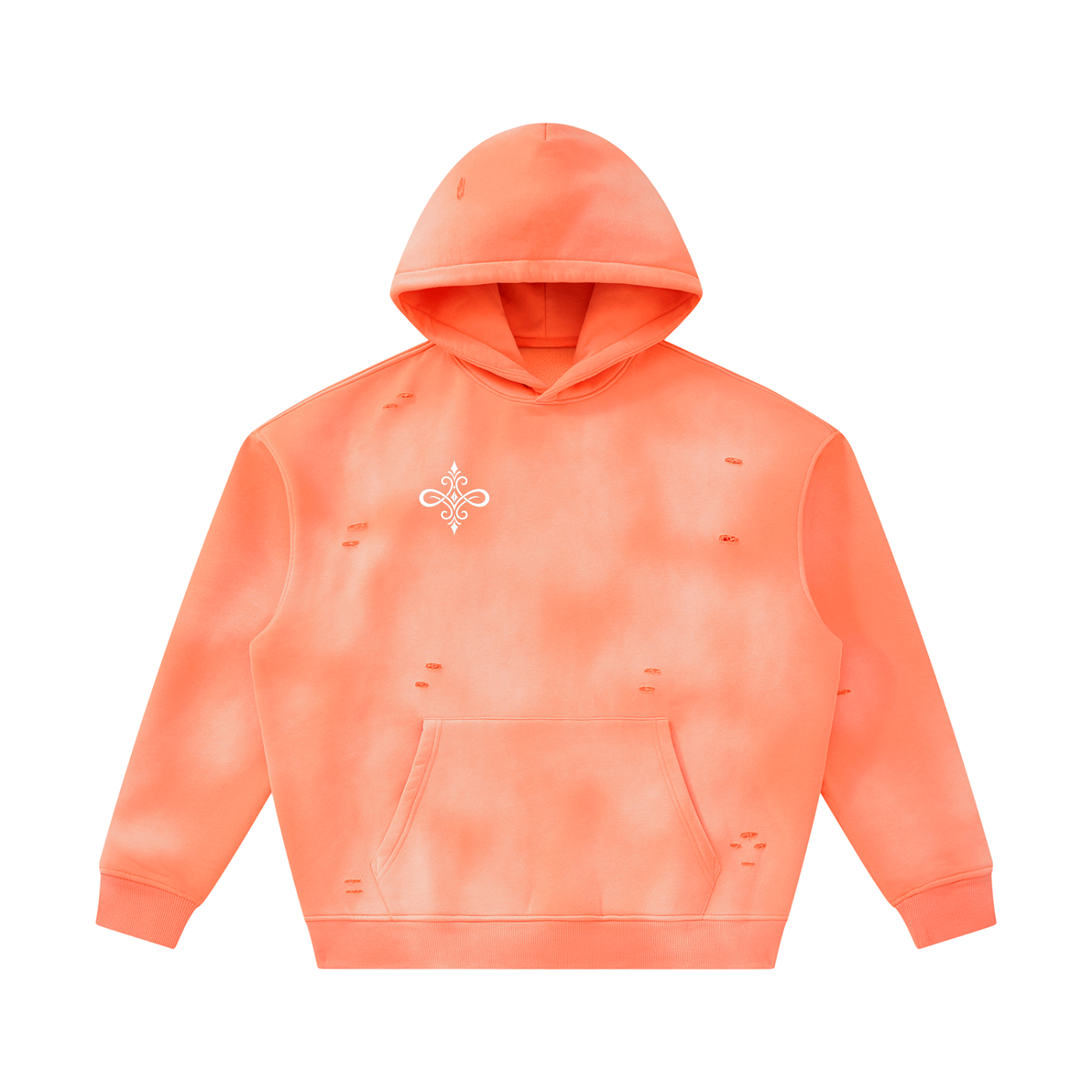 A distressed hoodie in a vibrant orange-coral color with a subtle tie-dye pattern, featuring a small white decorative emblem on the left chest. The hoodie has a front kangaroo pocket and is shown against a plain white background.