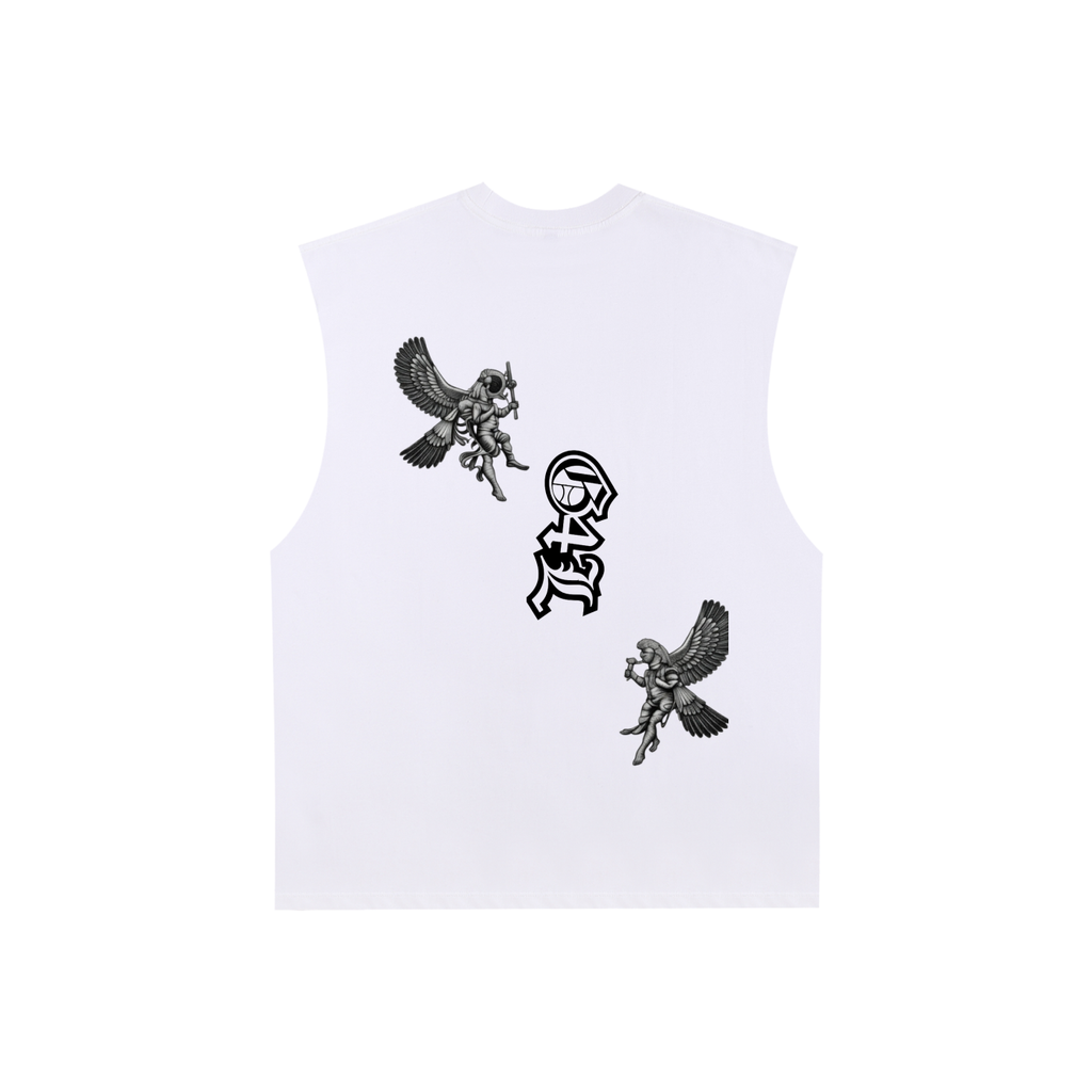 White sleeveless shirt with black eagle designs on a white background