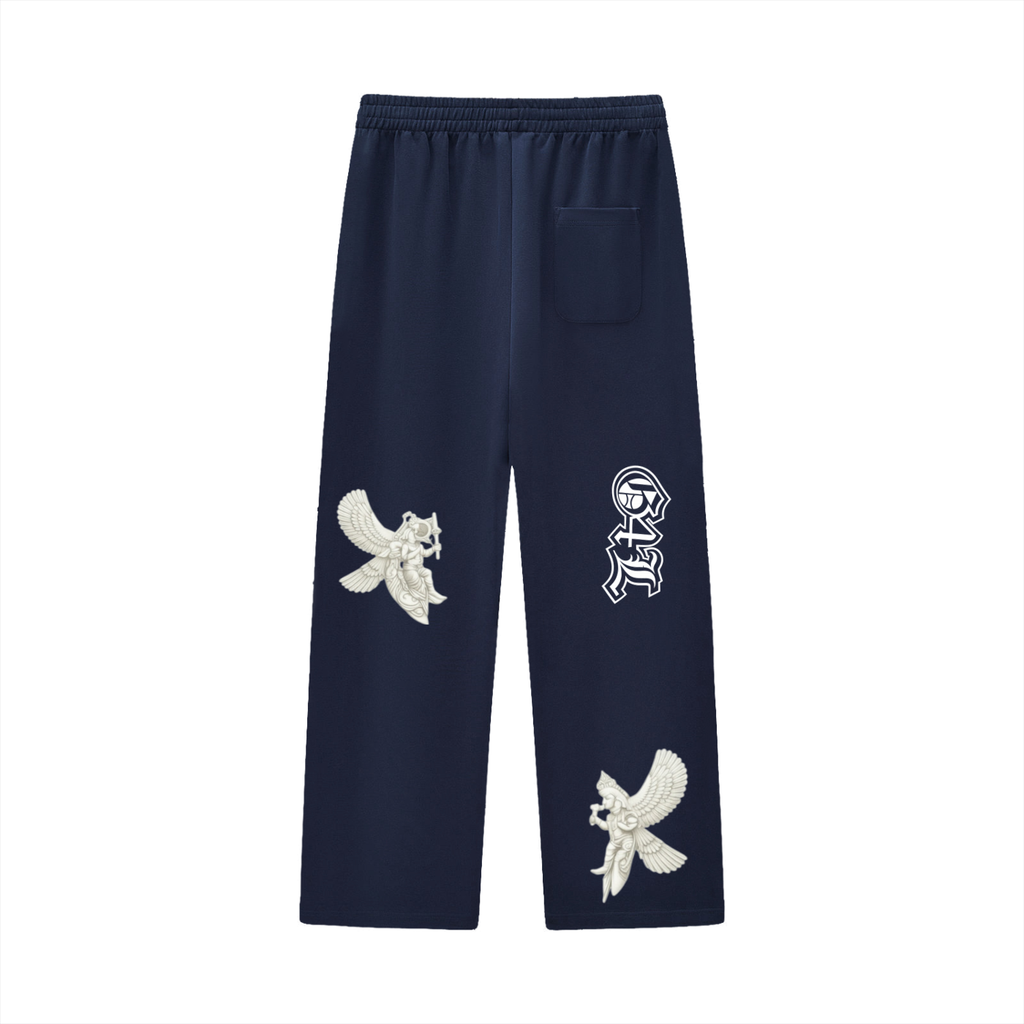 Navy blue pants with white embroidered designs on a white background