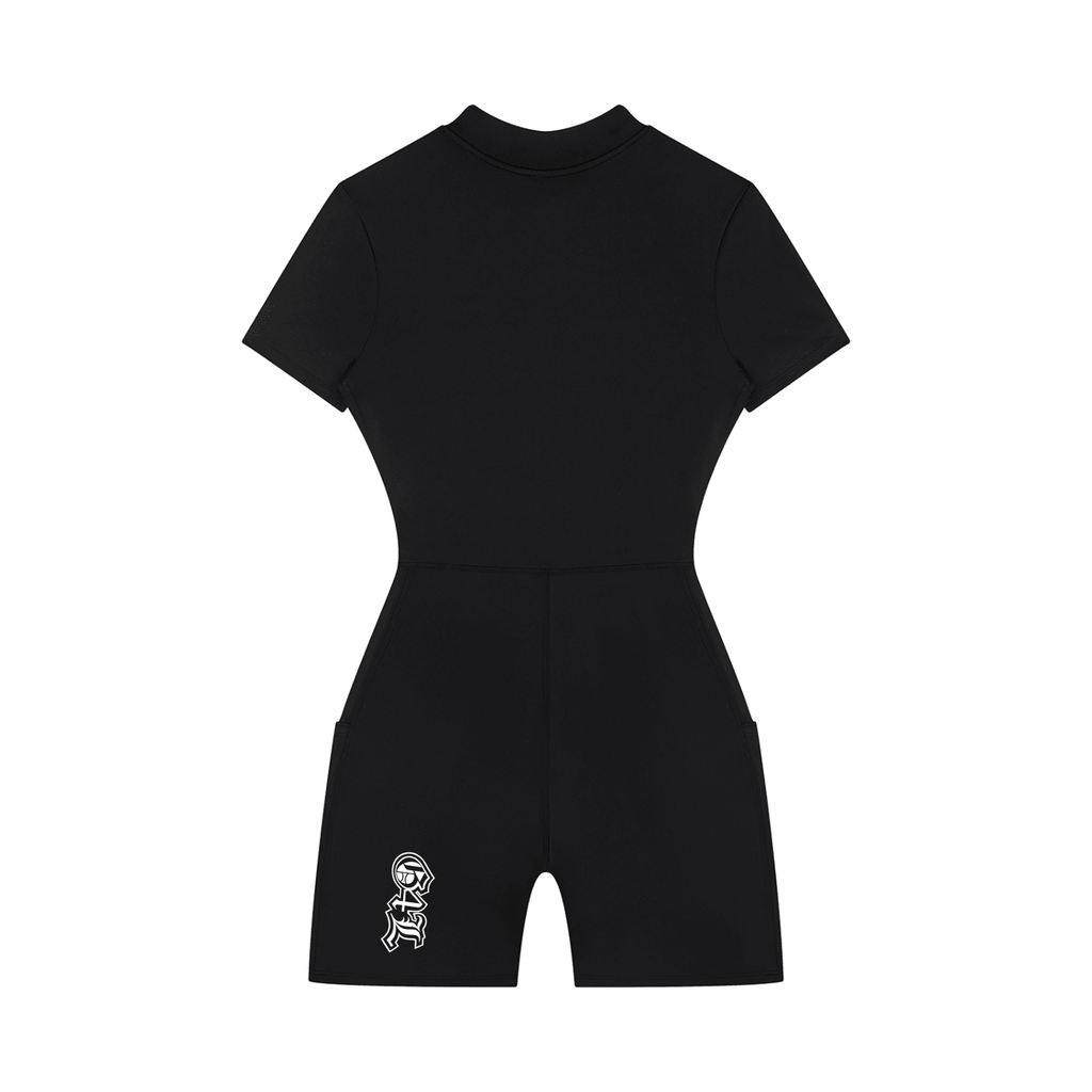 Black wetsuit with a logo on a white background