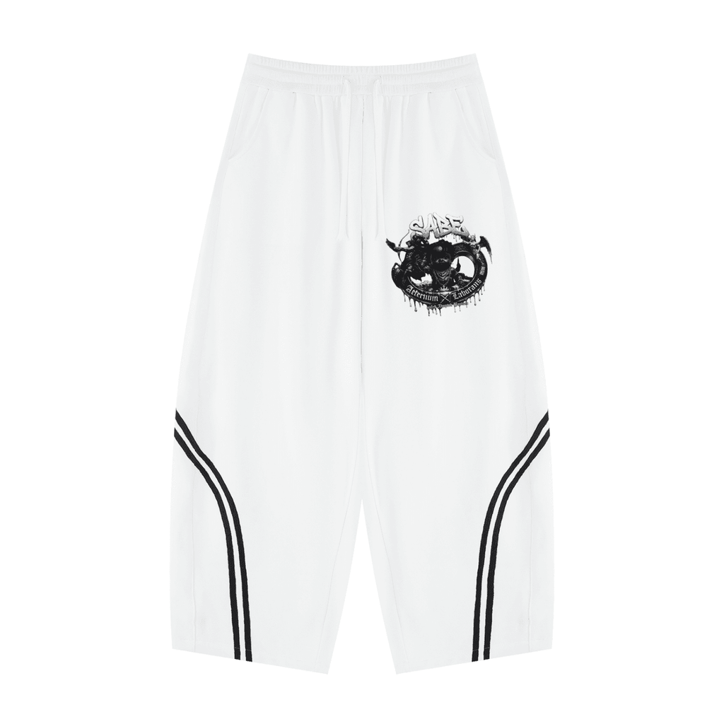 White athletic shorts with black design on a white background