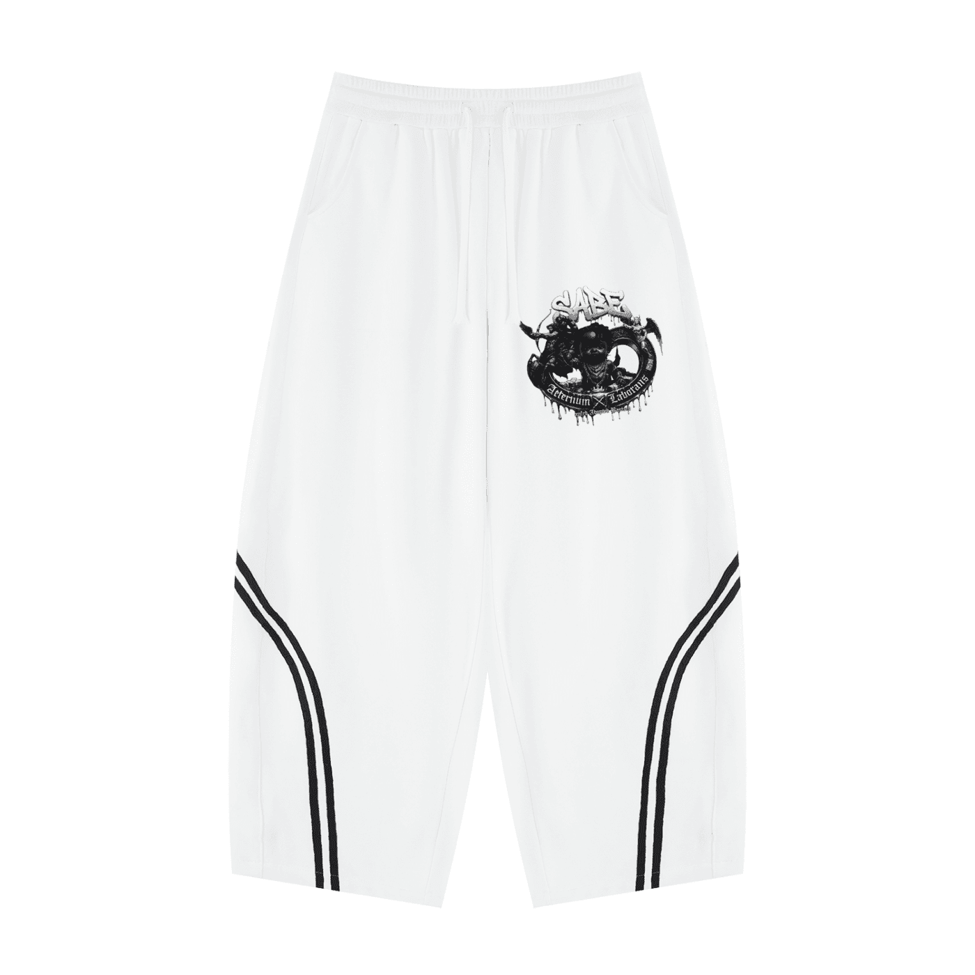 White athletic shorts with black design on a white background